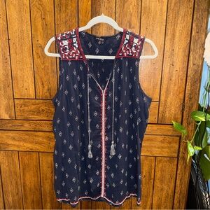 Lucky Brand Navy Top with Red and White Embroidery